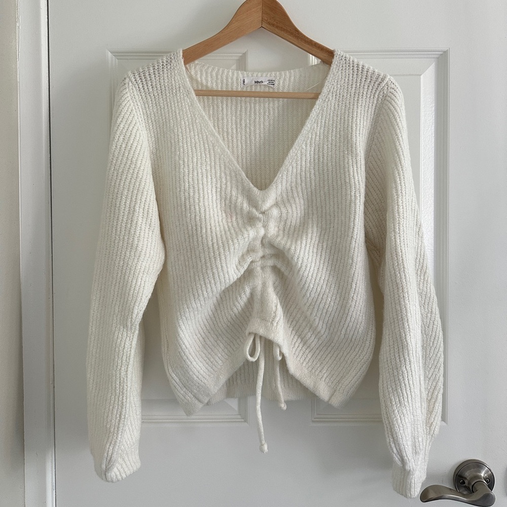 Mango Cream V-Neck Sweater with Ruched Detail